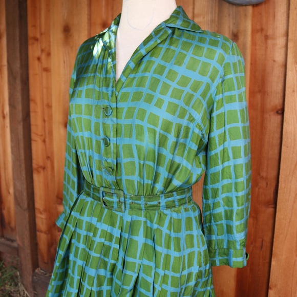 Vintage I. Magnan 100% Silk Green & Blue Geometric Square Shirt Dress - Picture 7 of 17